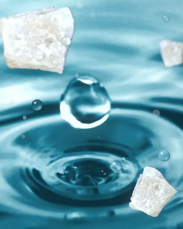 Planche : une goutte tombant sur l’eau, des cristaux blancs et des gouttelettes en suspension