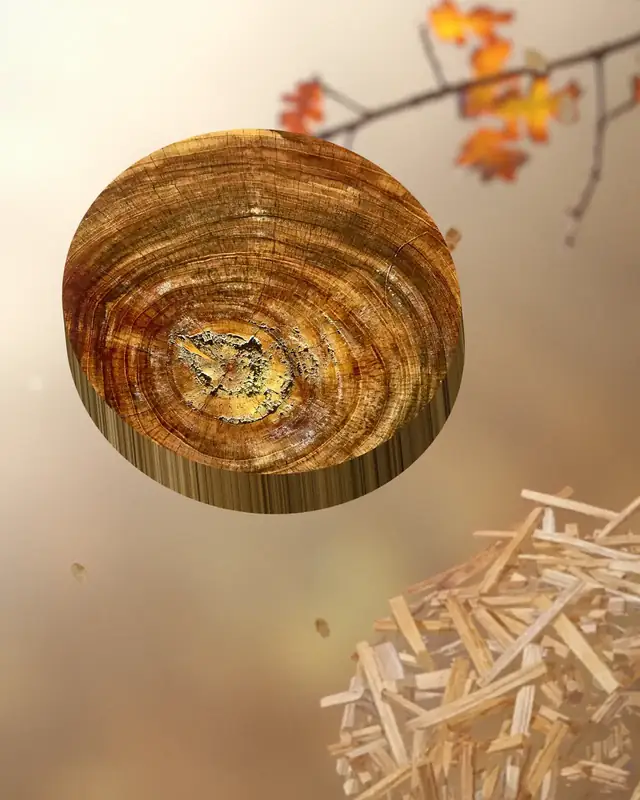 Planche : un rondin de bois doré, des copeaux et des feuilles de chêne en suspension